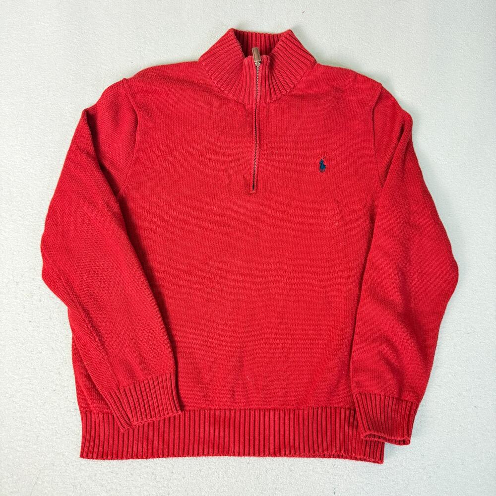 Polo Ralph Lauren Mens XL Red Quarter Zip Sweater 100% Cotton Blue Pony Logo